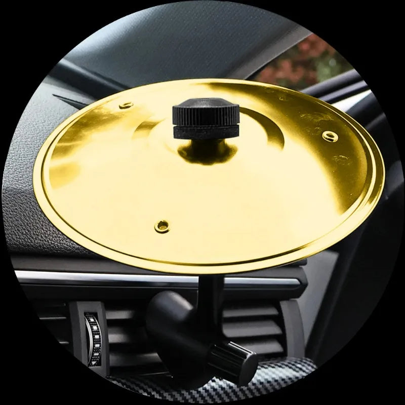 Gold-colored musical saucer car crash cymbal alloy mini air vent drum with black knob and adjustable clip for mounting