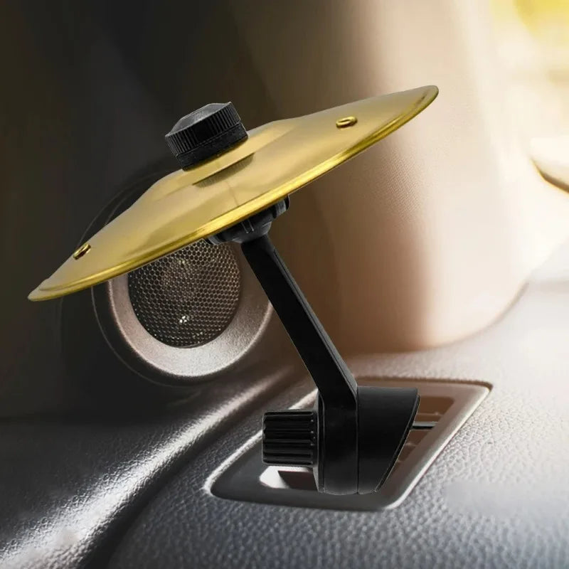 Gold-colored musical saucer car crash cymbal alloy air vent drum with black adjustable clamp and knob for easy installation