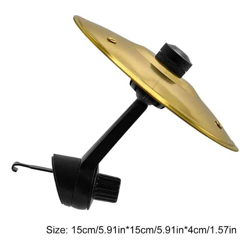 Gold-colored metallic musical saucer car crash cymbal alloy air vent drum fixture with black plastic base and adjustment knobs