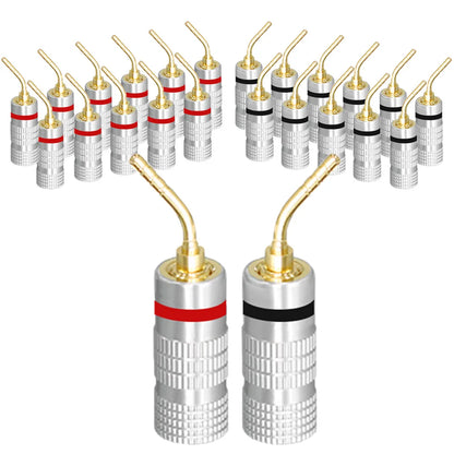 Silver audio speaker connector with 24k gold plated tips and red and black bands for musical sound connection