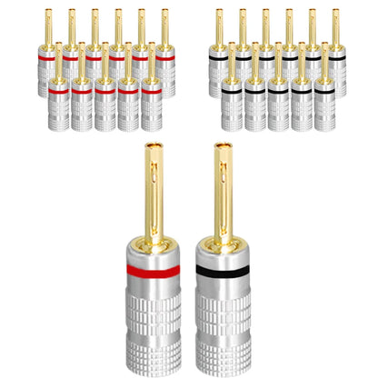 Silver banana plug audio speaker connectors with 24k gold plated pins and red or black bands for musical sound systems