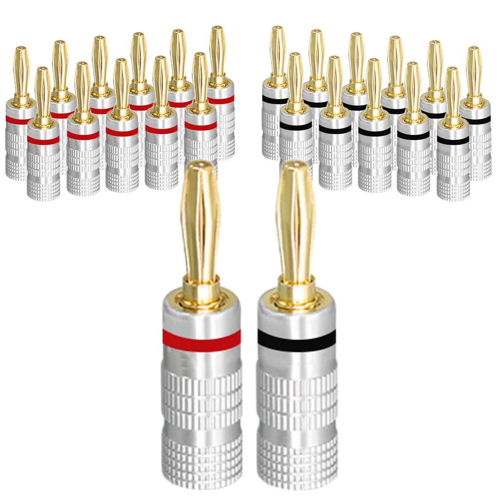 Silver banana plugs with 24k gold plated tips and red or black bands for audio speaker connector musical sound use