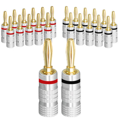 Silver banana plugs with 24k gold plated tips and red or black bands for audio speaker connector musical sound use