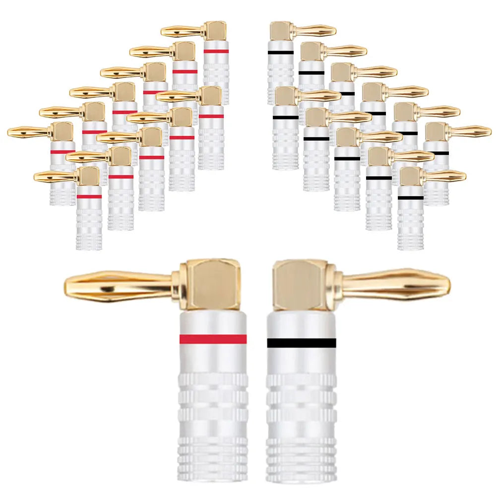 Gold-plated audio speaker connector with clear plastic body and colored bands for musical sound and 24k gold plated quality