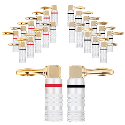 Gold-plated audio speaker connector with clear plastic body and colored bands for musical sound and 24k gold plated quality