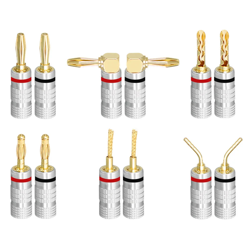 Silver and gold 24k gold plated audio speaker connector with red and black bands for musical sound systems