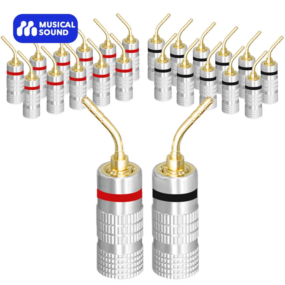 Silver aluminum audio speaker connector with 24k gold plated tips and red black bands by musical sound