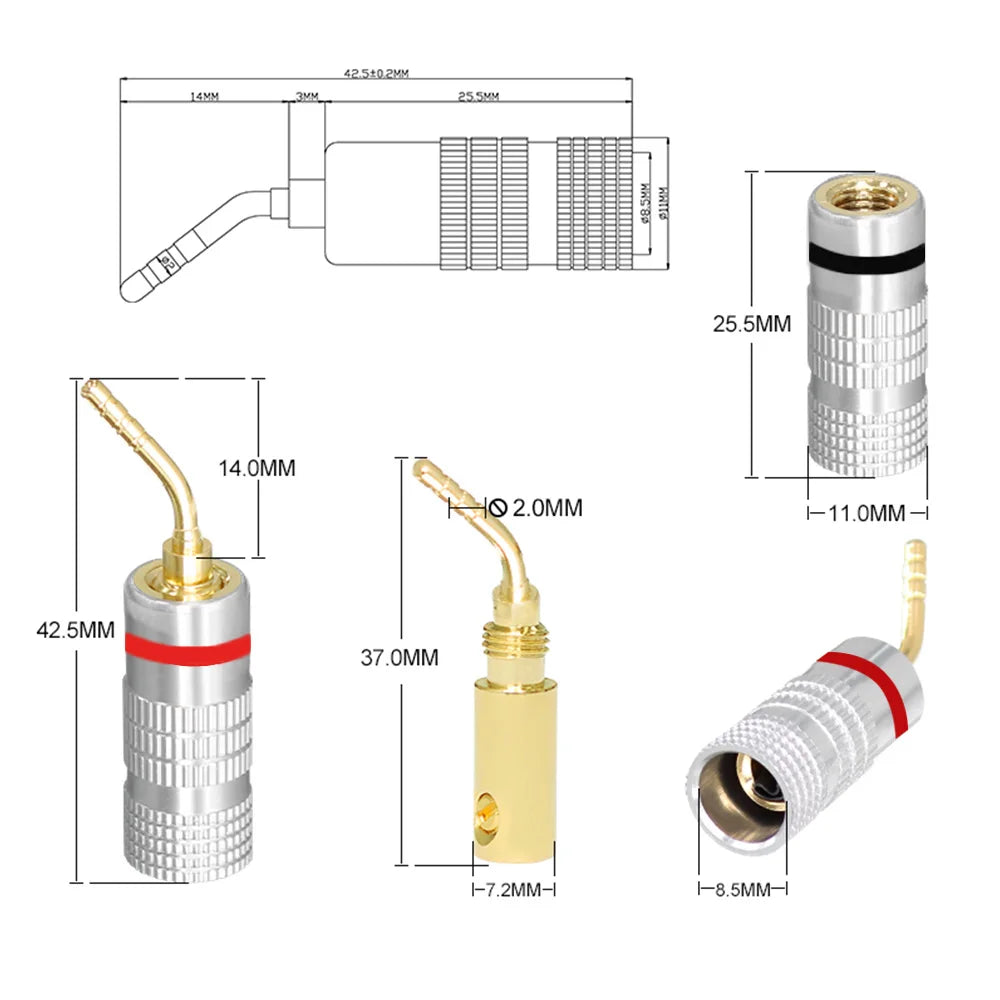 Silver and gold-colored 24k gold plated audio speaker connector with red bands for musical sound 4mm speaker wire plug