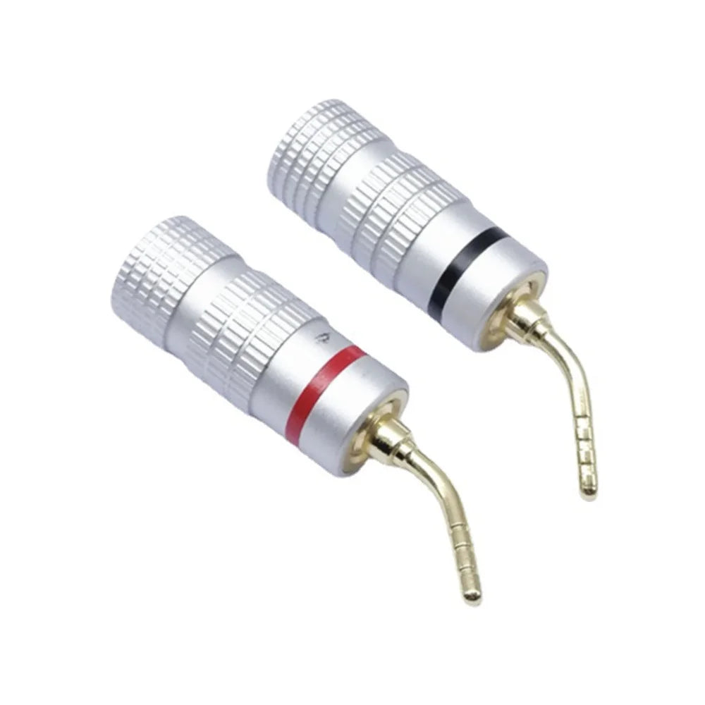Silver-colored 24k gold plated audio speaker connector binding posts with red and black bands for musical sound systems