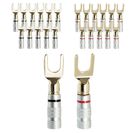Gold-plated u-shaped audio speaker connectors with silver threaded bodies and colored accent rings for musical sound use