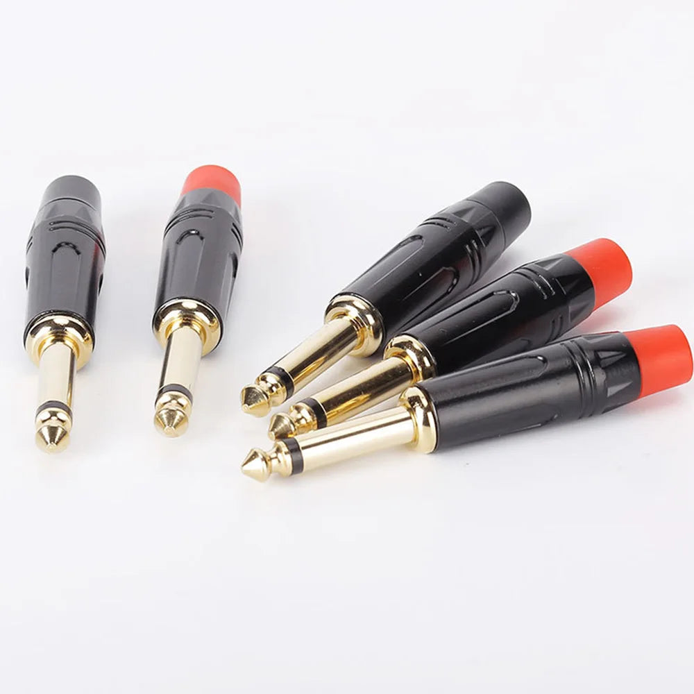 Black and gold 6.35mm lot mono male solder jack connector with red caps for guitar microphone cables 4 pieces lot