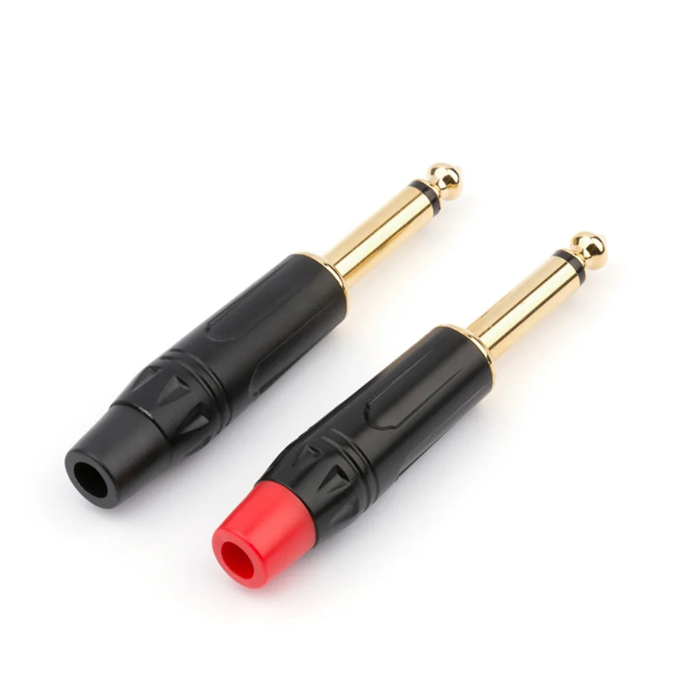 Black and gold musical sound 6.35mm lot mono male solder jack connector with red tip for guitar microphone cables