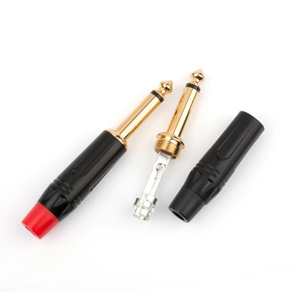 Black and gold lot mono male 6.35mm solder jack connector with textured grips for guitar microphone cables use