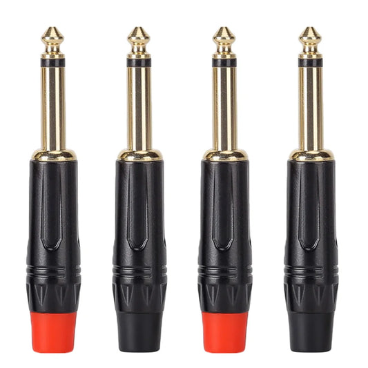 Four black and gold 6.35mm lot mono male solder jack connectors with red caps for guitar microphone cables