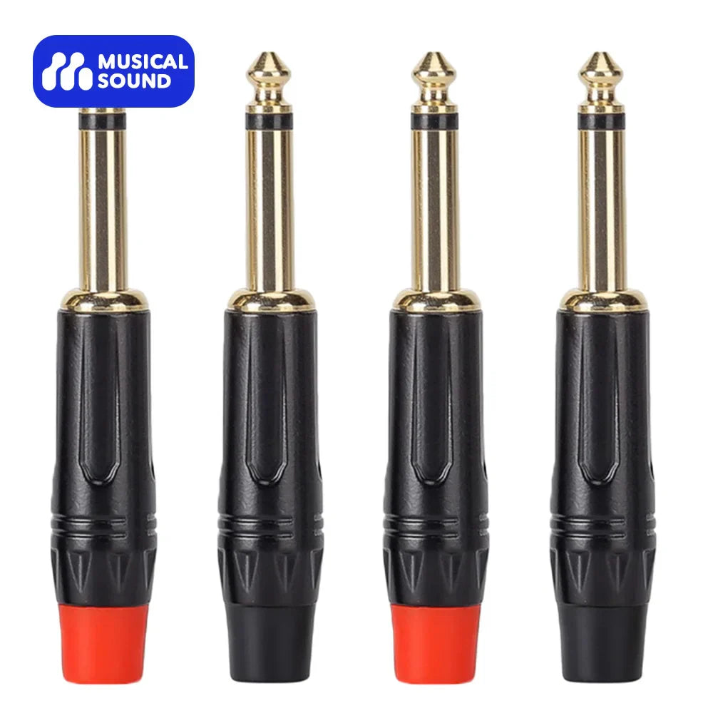Four black and gold musical sound 6.35mm lot mono male solder jack connectors with red tips for guitar microphone cables