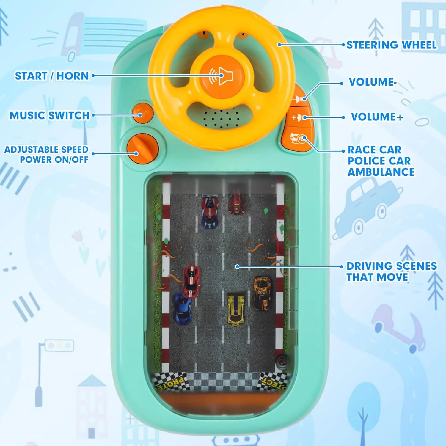 Teal plastic musical steering wheel toy car console with yellow steering wheel and orange buttons for toddler simulated driving and sound interactive educational play