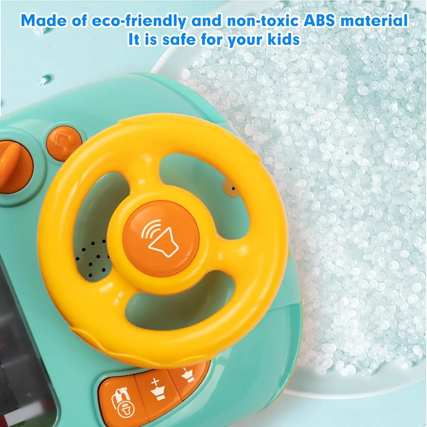 Bright yellow musical steering wheel with orange buttons on teal eco-friendly abs toy car for toddler simulated driving sound interactive educational play