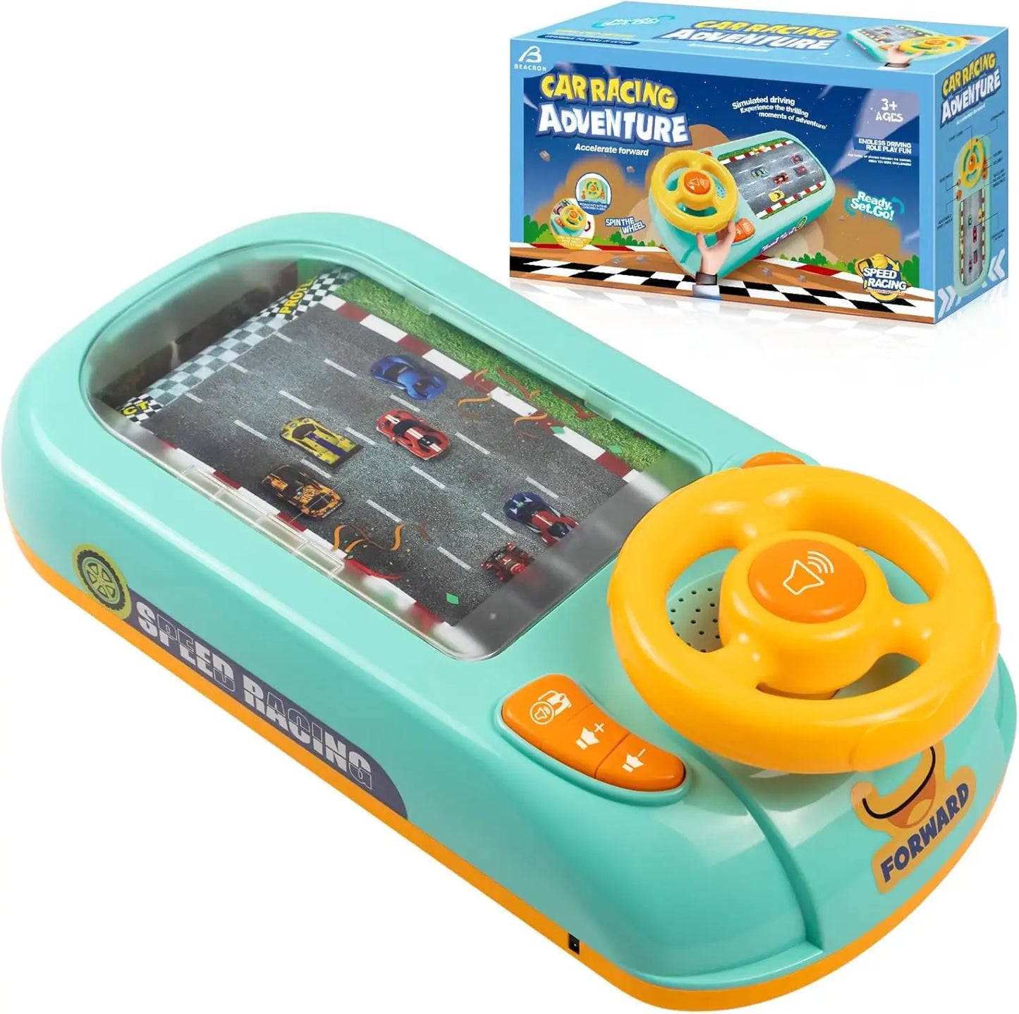 Teal and orange musical steering wheel toy with a transparent window and sound interactive educational racing game