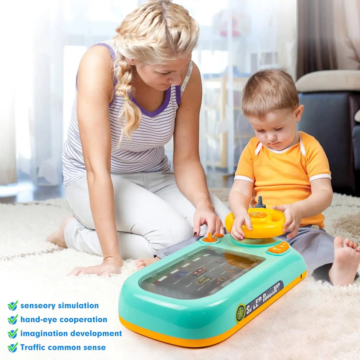 Musical steering wheel toy in teal and orange with yellow steering wheel for toddler simulated driving sound interactive educational learning