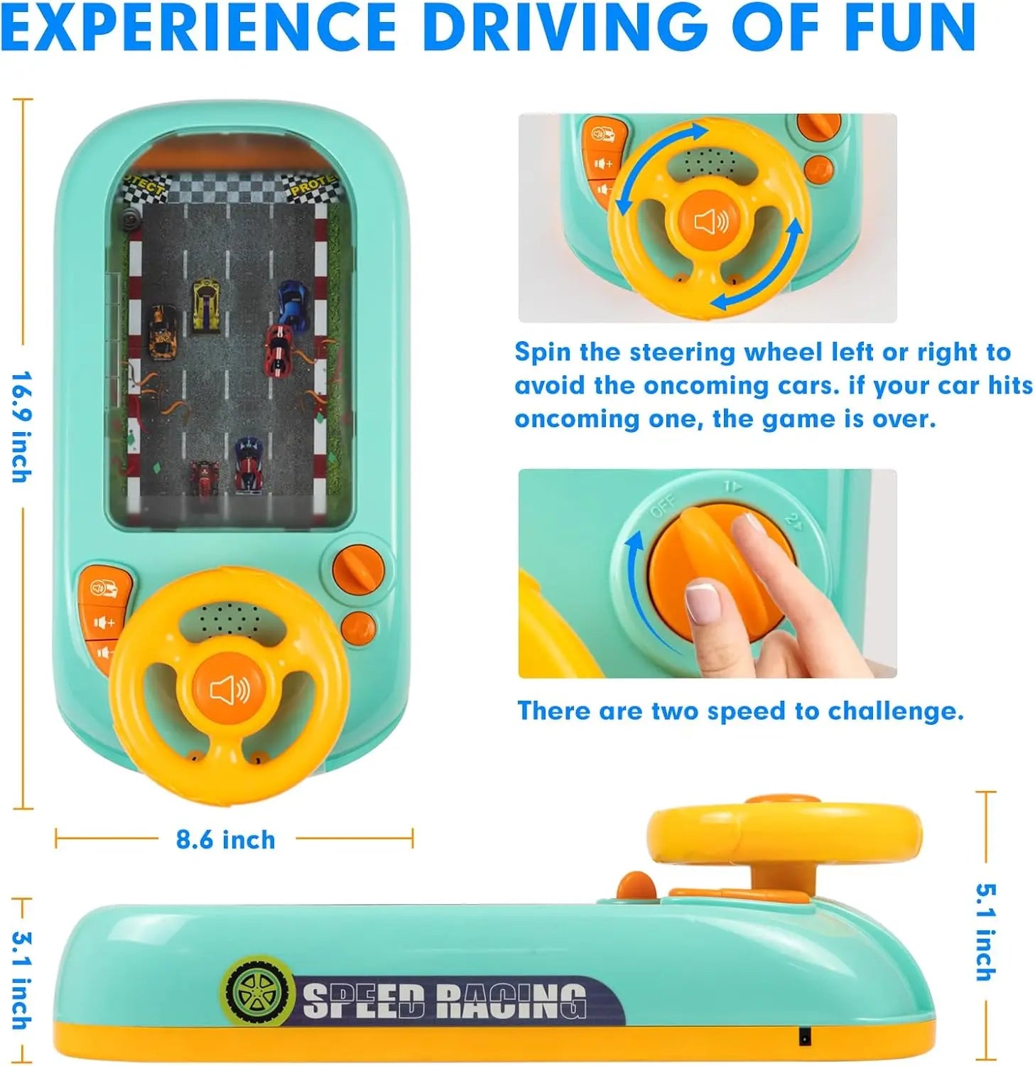 Teal and yellow musical steering wheel toy with sound interactive educational toddler simulated driving game display