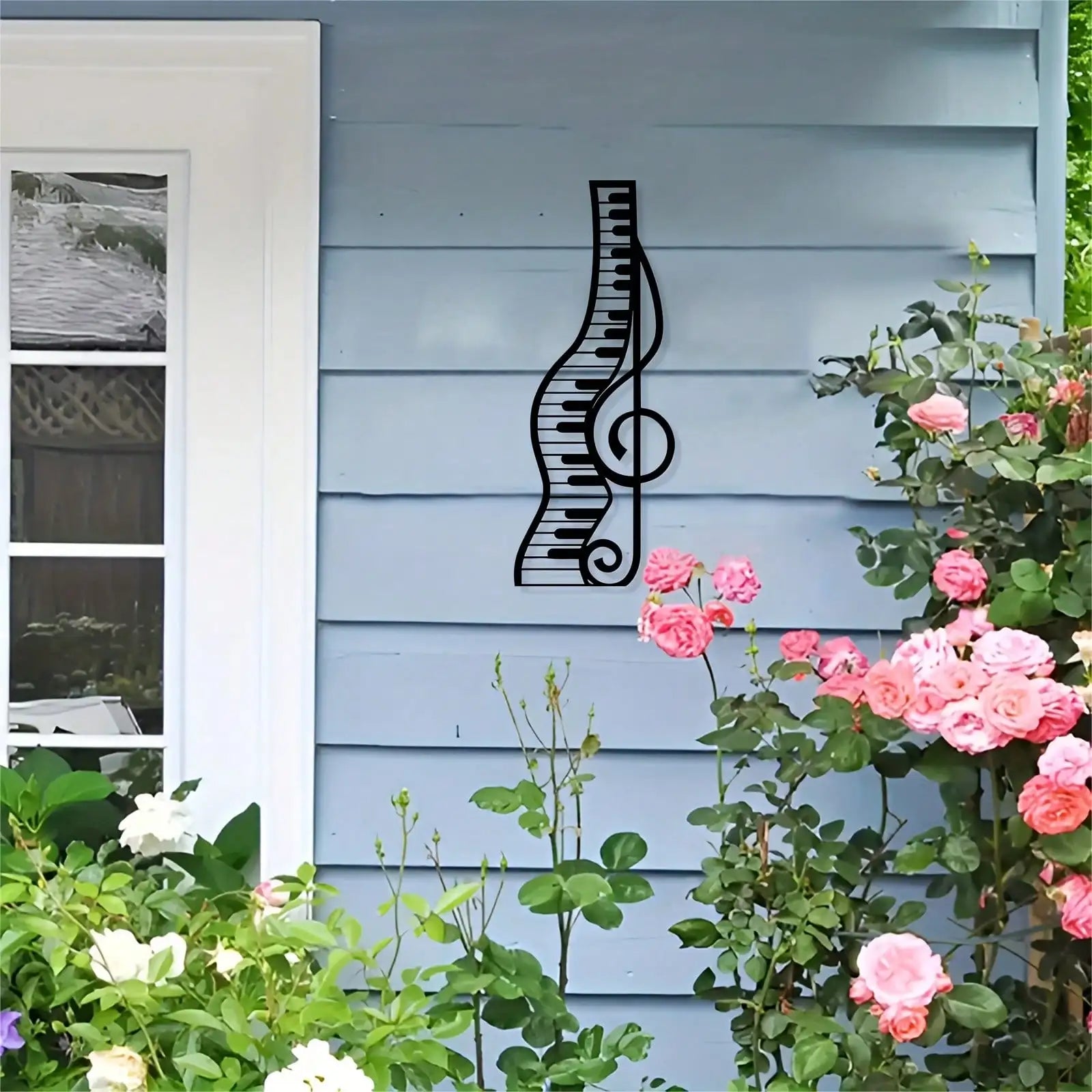 Black metal musical themed metal wall art shaped like an elegant piano sculpture with treble clef for decor perfect gift