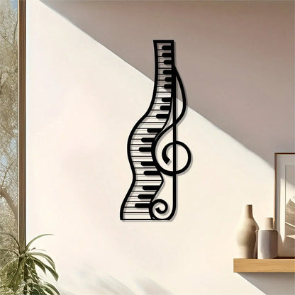 Black metal musical themed metal wall art featuring an elegant piano sculpture with treble clef for decor perfect gift