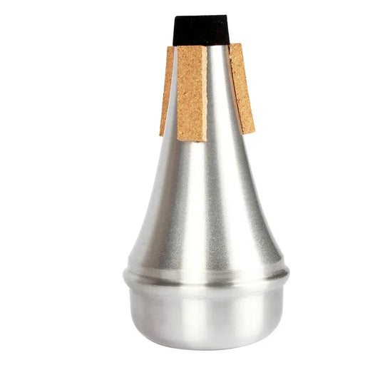 Silver-colored trumpet aluminium silver mute with cork and black rubber accents for portable straight trumpets jazz practice