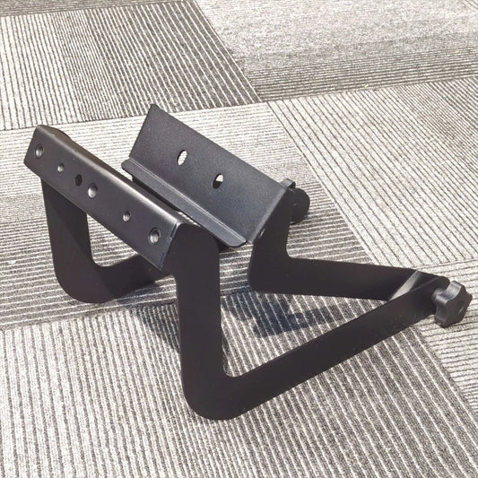 Black metal heavy duty steel speaker mount u-bracket with adjustable height and angled support arms for studio monitor speakers