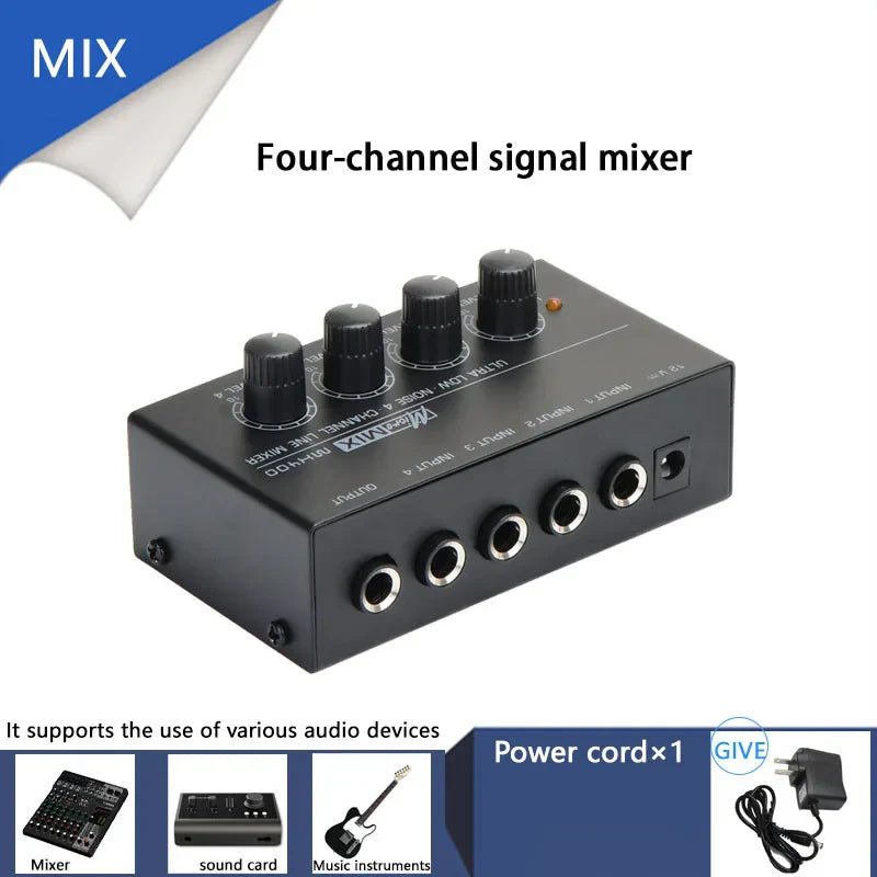 Black mx400 mini 4-channel audio mixer with six silver jacks and five black knobs featuring low noise performance and headphone amplifier