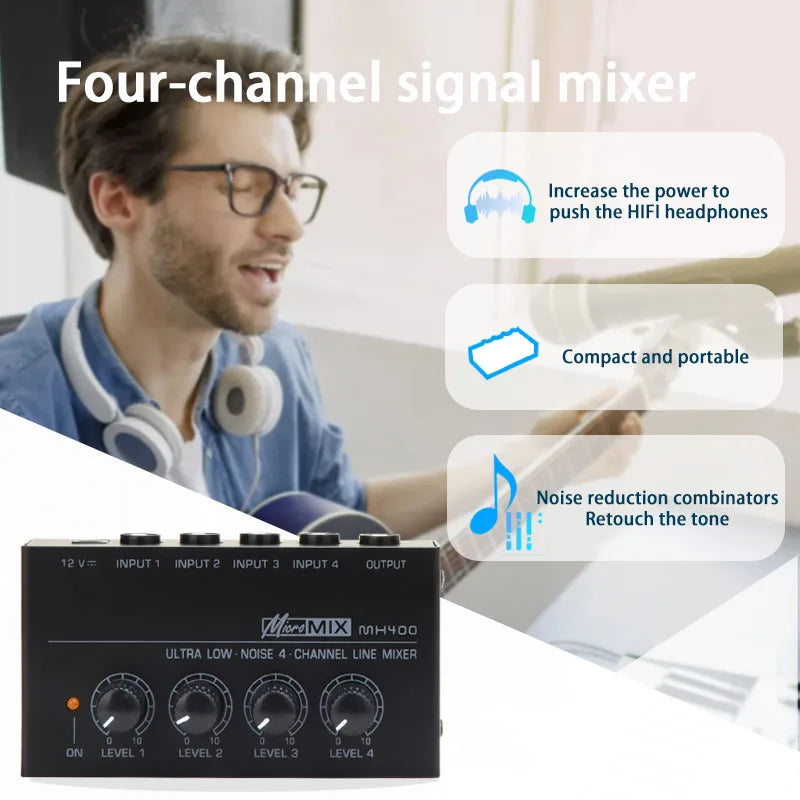 Black mx400 mini 4-channel audio mixer with silver knobs low noise performance and built-in headphone amplifier