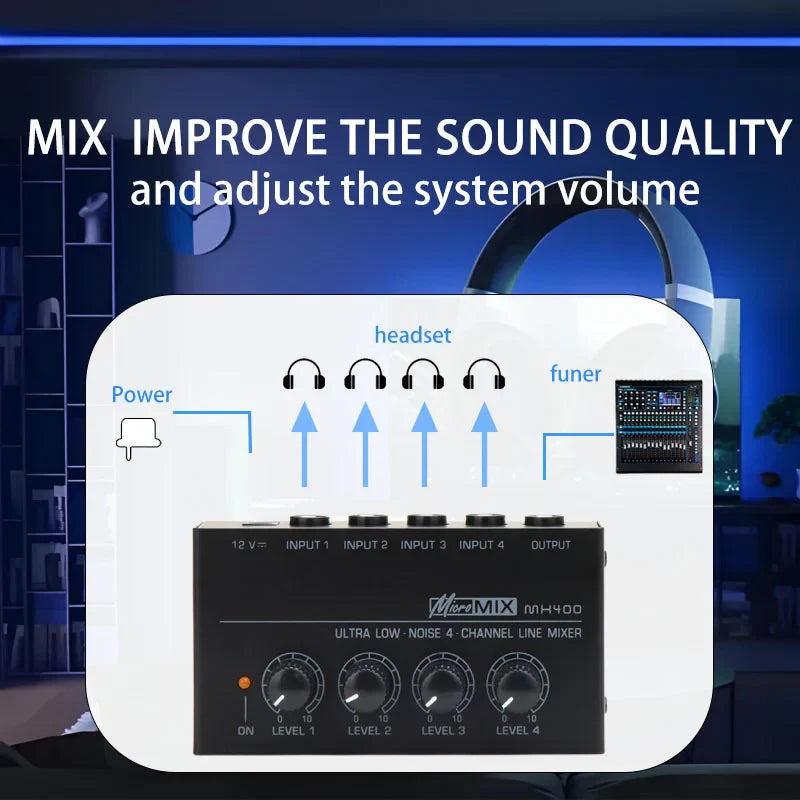 Black micromix mh-400 mx400 mini 4-channel line mixer with four rotary knobs for low noise performance headphone amplifier