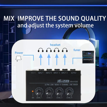 Black micromix mh-400 mx400 mini 4-channel line mixer with four rotary knobs for low noise performance headphone amplifier