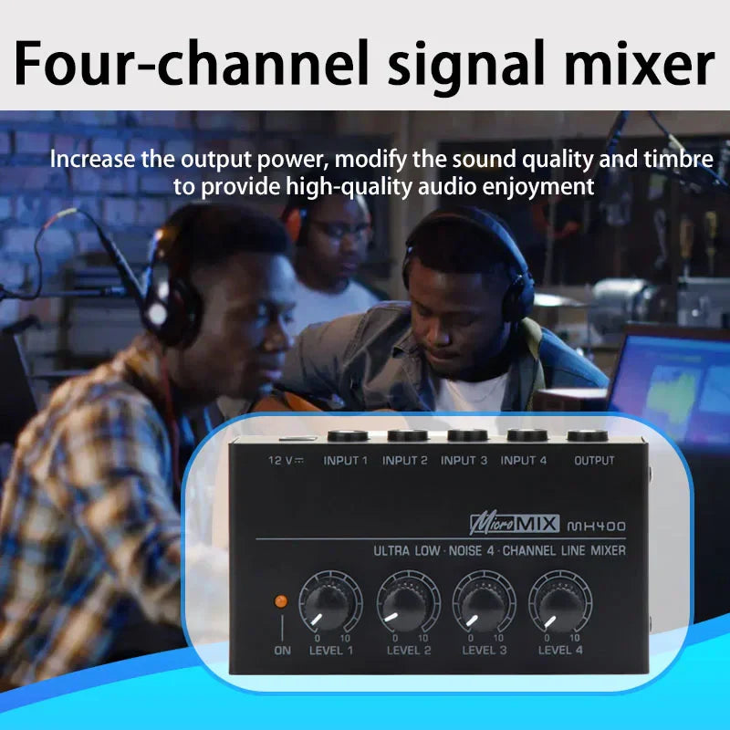 Black micromix mh400 mx400 mini 4-channel audio mixer with silver knobs low noise performance and headphone amplifier
