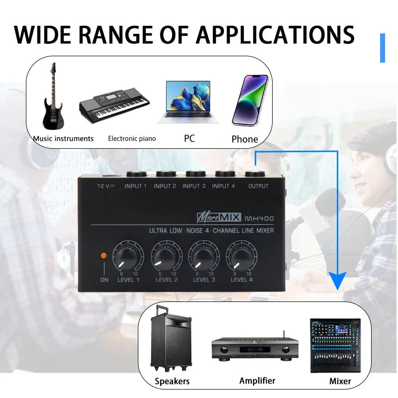 Black micromix mh400 mx400 mini 4-channel audio mixer with ultra low noise performance and headphone amplifier ports