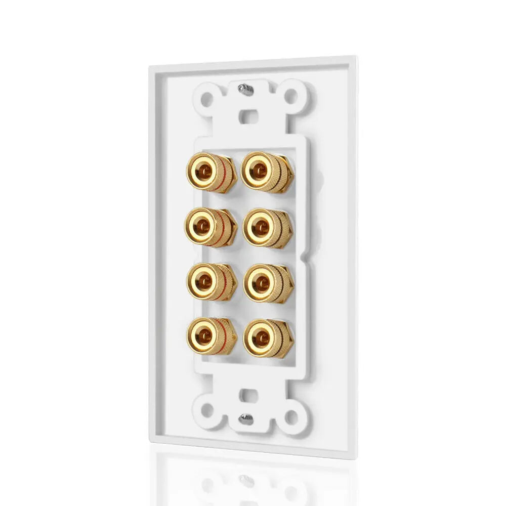 White speaker wall plate with eight gold plated brass rca audio jacks for corrosion resistant home theater use