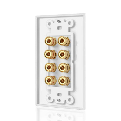 White speaker wall plate with eight gold plated brass rca audio jacks for corrosion resistant home theater use