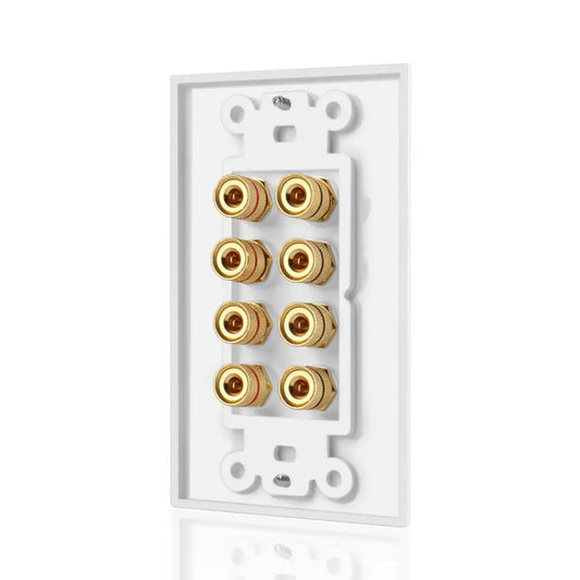 White speaker wall plate with eight gold plated brass rca audio jacks for corrosion resistant home theater use
