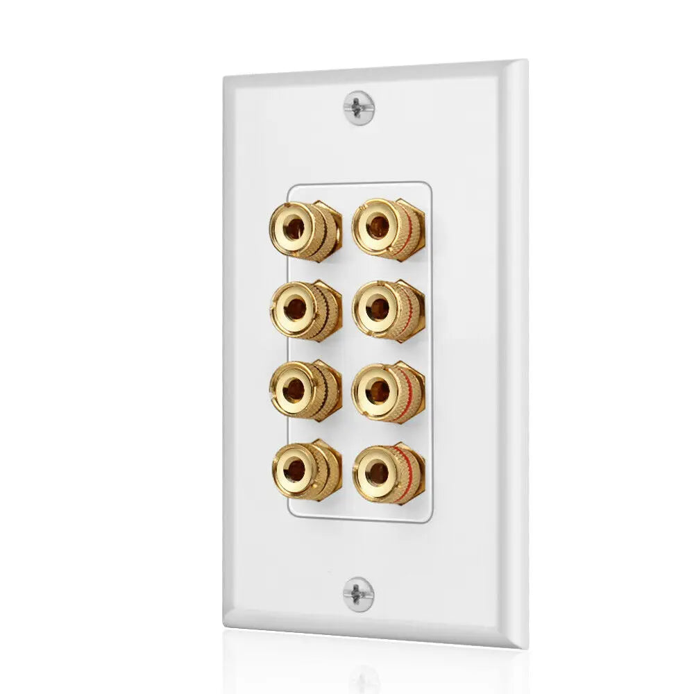 White wall plate speaker wall plate with eight gold plated brass corrosion resistant terminals for home theater use