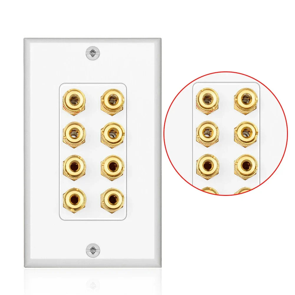 White wall plate with eight gold plated brass rca audio jacks for speaker wall plate corrosion resistant use