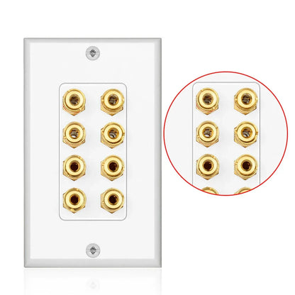 White wall plate with eight gold plated brass rca audio jacks for speaker wall plate corrosion resistant use