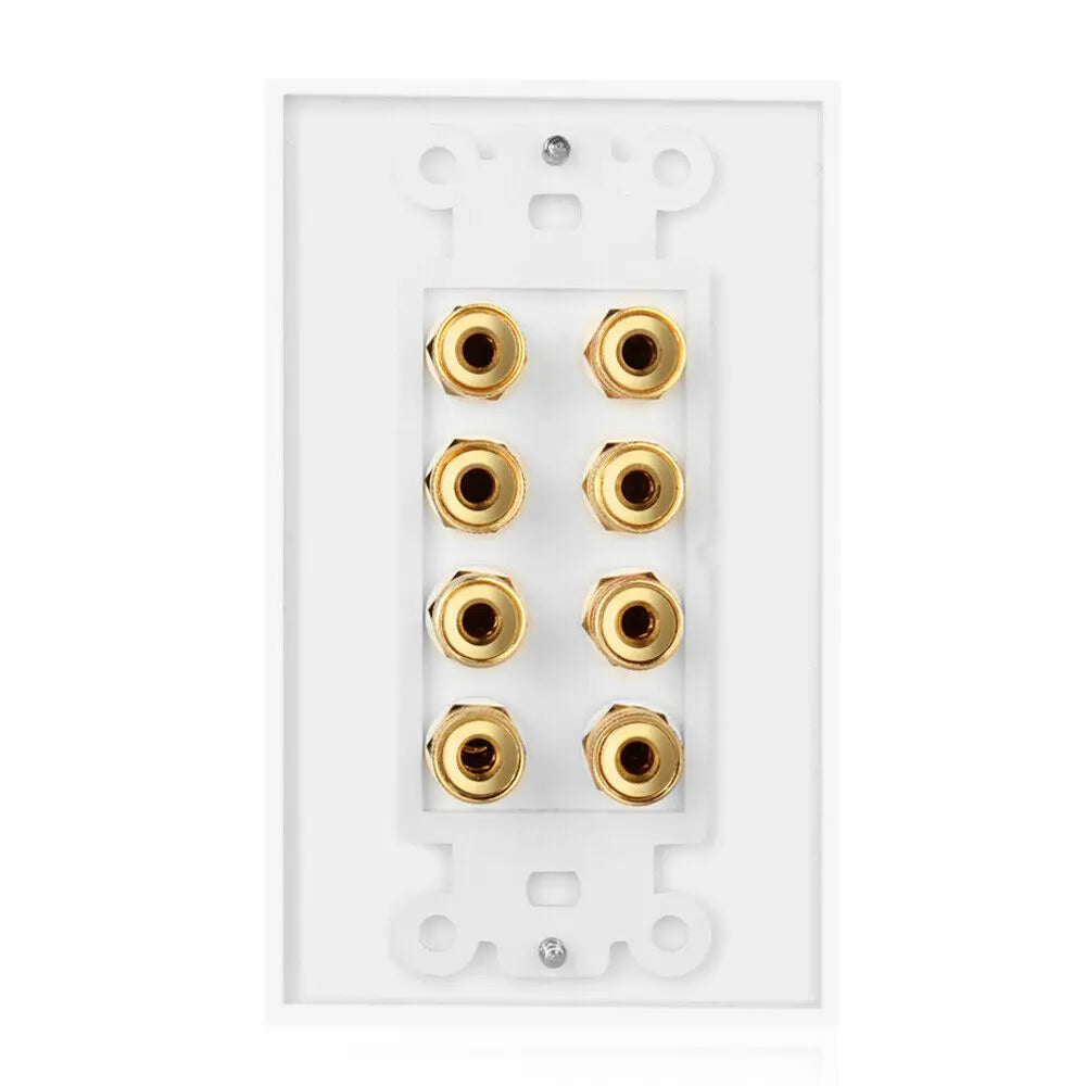 White wall plate speaker wall plate with eight gold plated brass rca audio jacks for quality corrosion resistant use