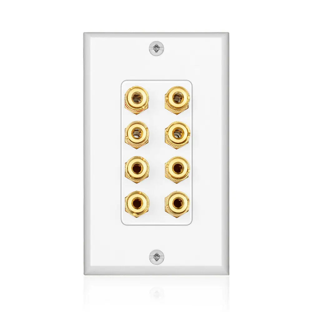 White speaker wall plate with six gold plated brass audio jacks for 4 speakers corrosion resistant quality panel