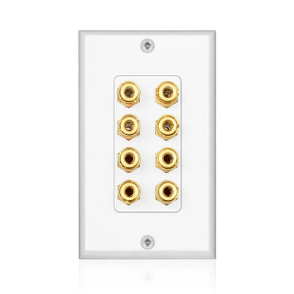 White speaker wall plate with six gold plated brass audio jacks for 4 speakers corrosion resistant quality panel