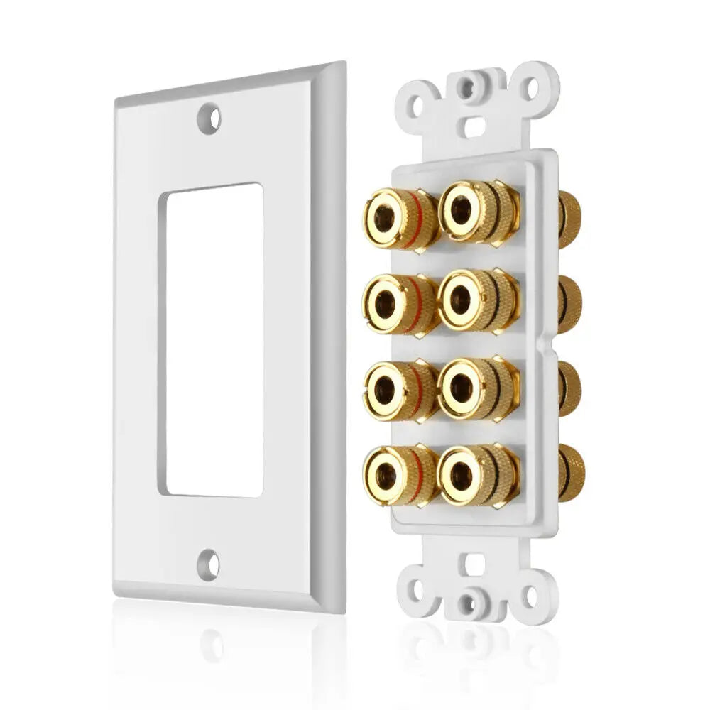 White wall plate speaker wall plate with six gold plated brass rca jacks corrosion resistant for home theater use