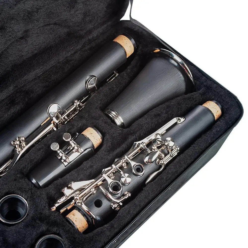Black naomi abs clarinet bb cupronickel with silver keys and cork joints in plush case with screwdriver woodwind instrument