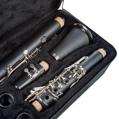 Black naomi abs clarinet bb cupronickel with silver keys and cork joints in plush case with screwdriver woodwind instrument