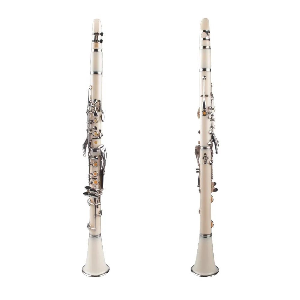Two cream-colored naomi abs clarinet bb cupronickel instruments with silver keys and included screwdriver woodwind instrument
