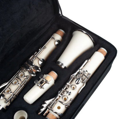 White naomi abs clarinet bb cupronickel with silver keys and cork joints in black case with screwdriver woodwind instrument