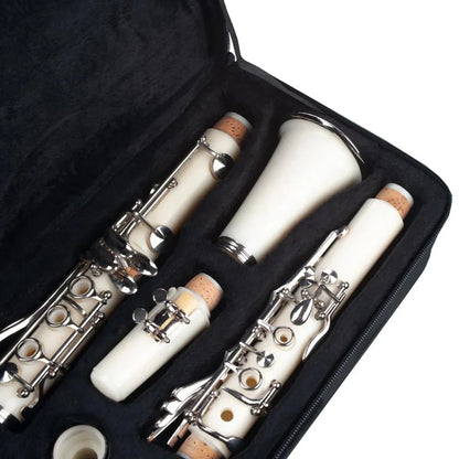 White naomi abs clarinet bb cupronickel with silver keys and cork joints in black case with screwdriver woodwind instrument