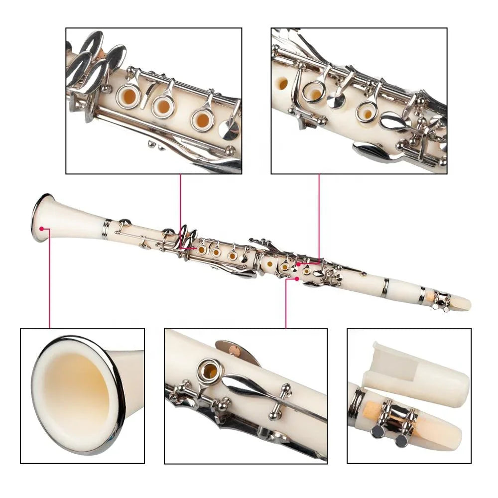 White naomi abs clarinet bb cupronickel with silver keys and fittings includes screwdriver woodwind instrument kit